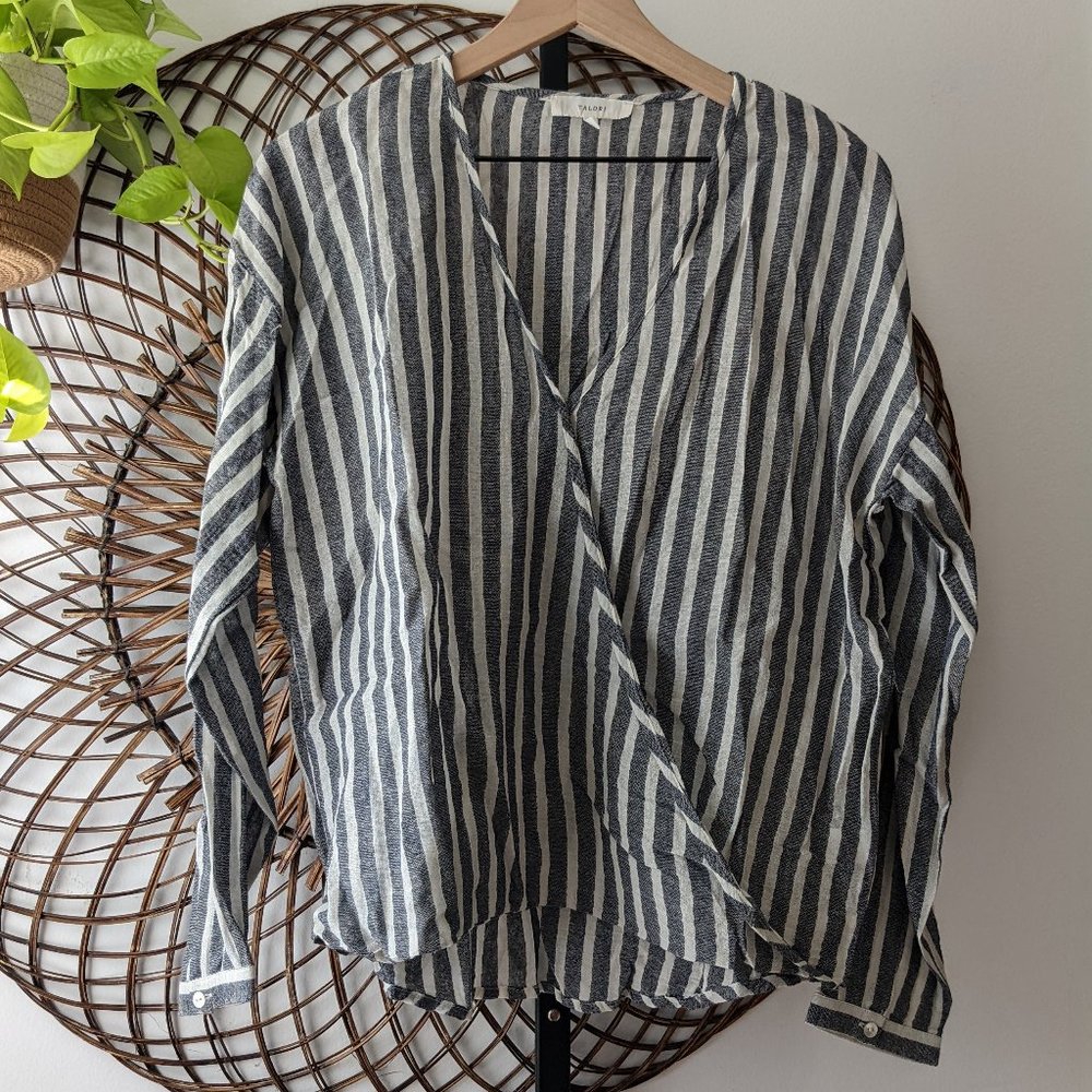 Talori 100% Cotton V-Neck Faux Wrap Blue White Stripe Long Sleeve